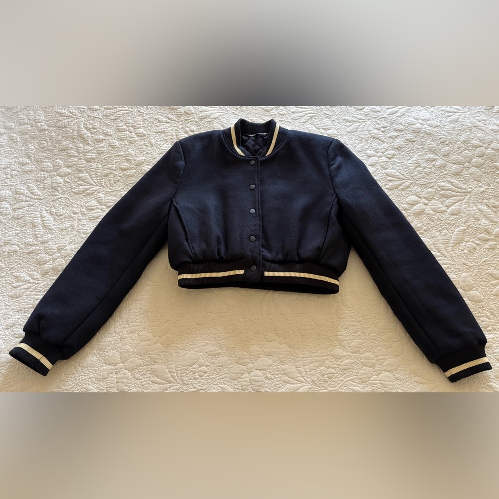 Zara Navy Blue and White Cropped Varsity Jacket - Picture 3 of 6